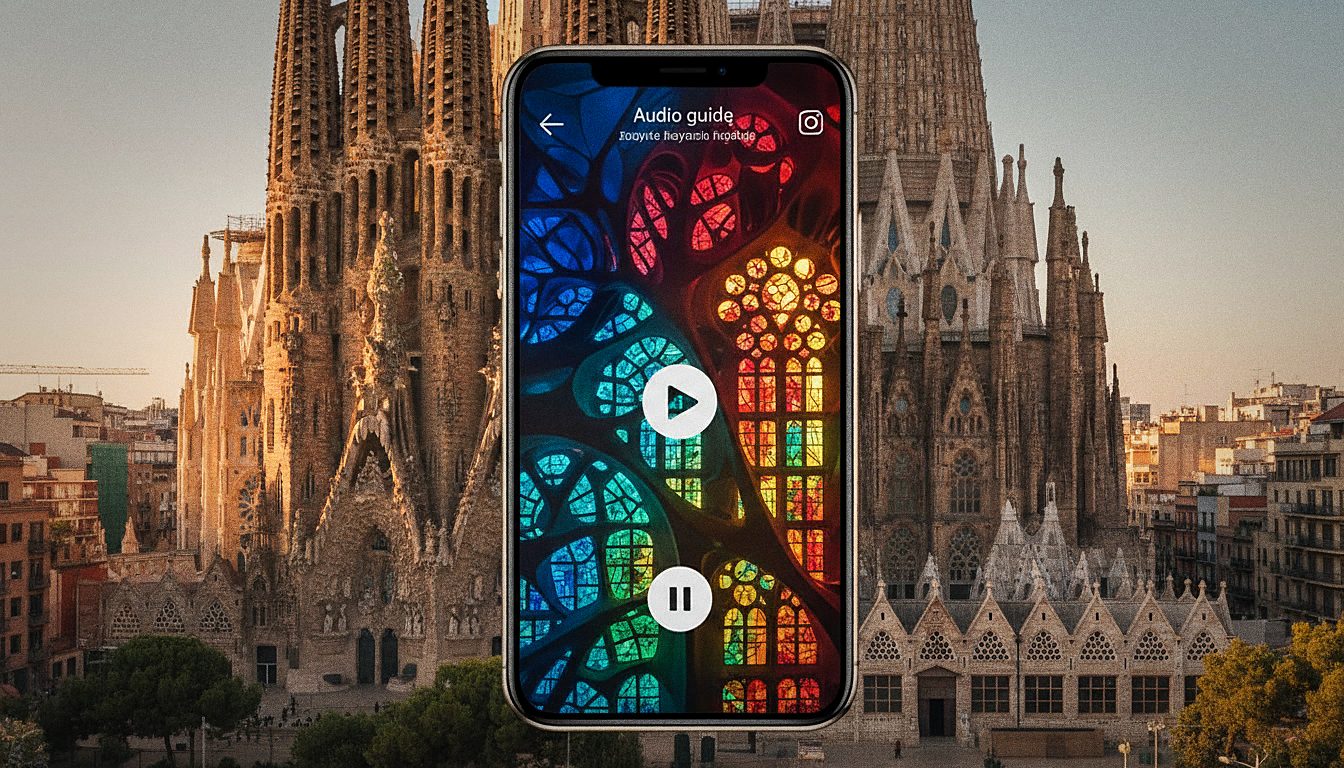 Ekran aplikacji z audioprzewodnikiem po polsku do Sagrada Familia na tle bazyliki