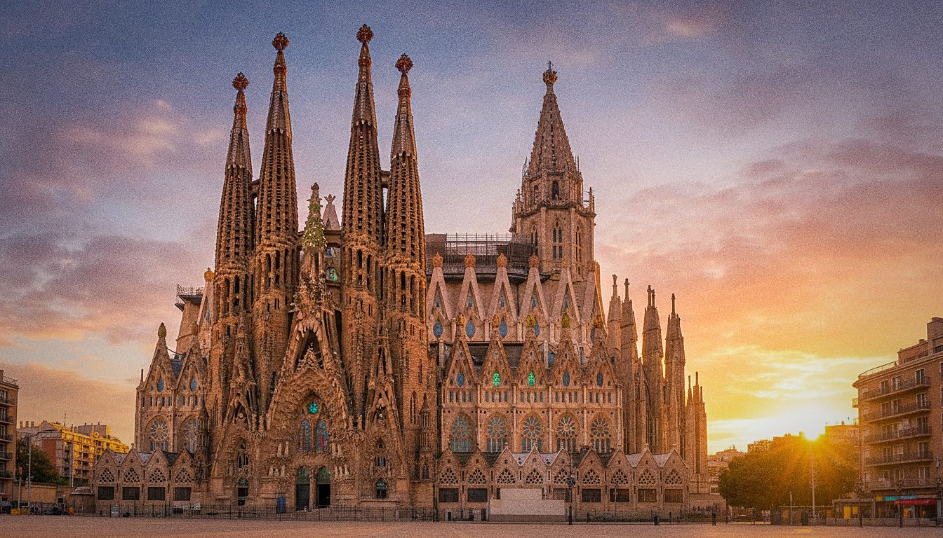 Fasada Sagrada Familia w Barcelonie o zachodzie słońca