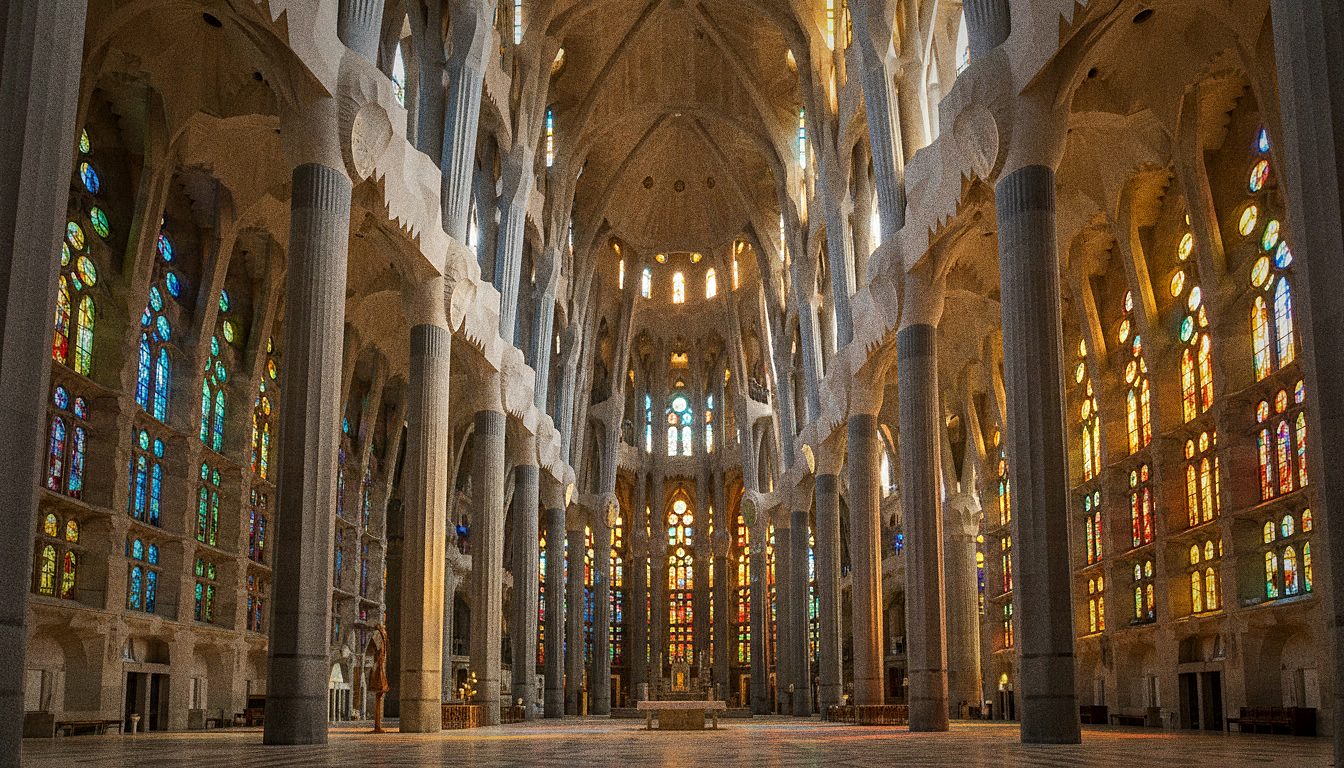 Wnętrze Sagrada Familia z kolumnami przypominającymi las i witrażami