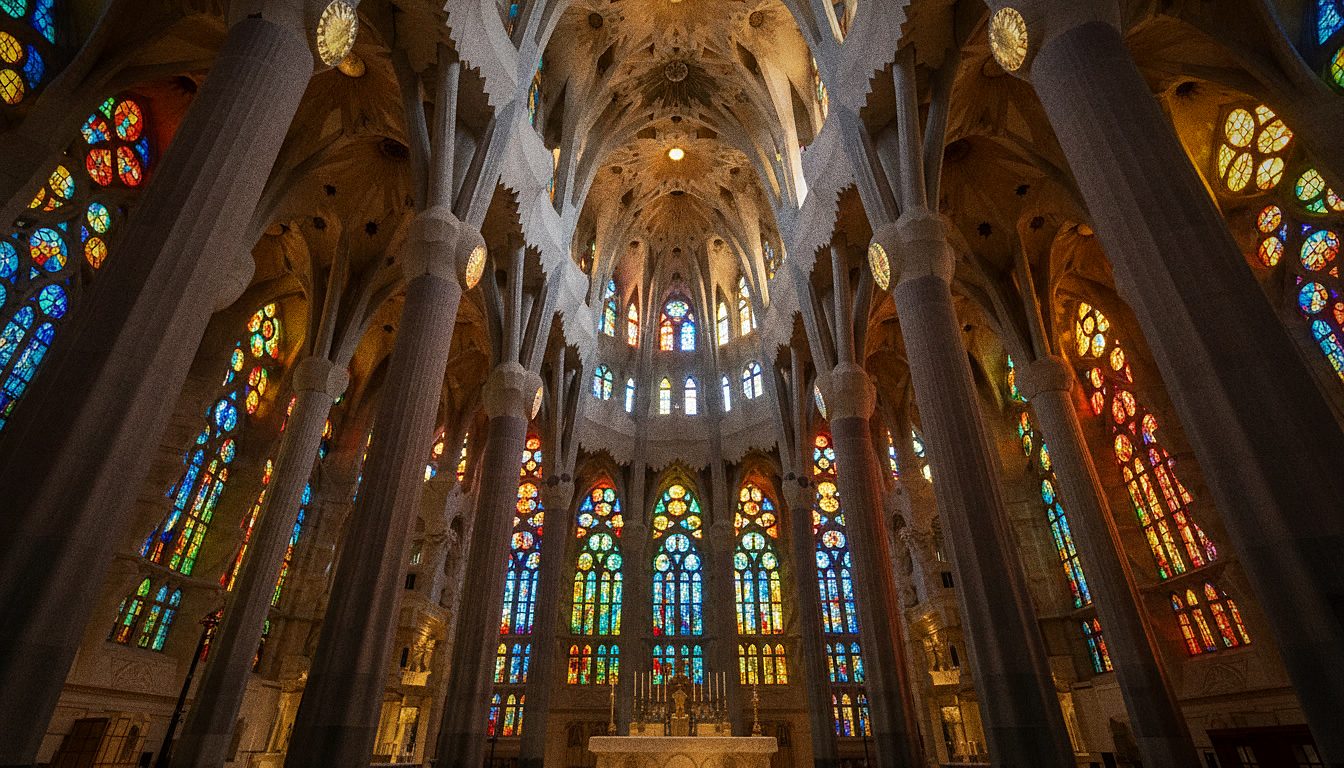 Rodzina z dziećmi słucha wyjaśnień przewodnika wewnątrz Sagrada Familia